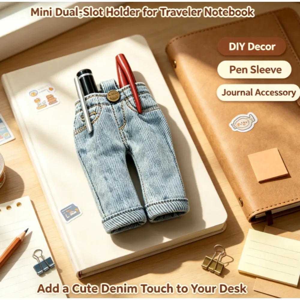 Mini Jeans‑Style Pen Holder Pouch Denim Fabric Dual‑Slot Pen Sleeve Hanging DIY Stationery Decor for Traveler Notebook Journal
