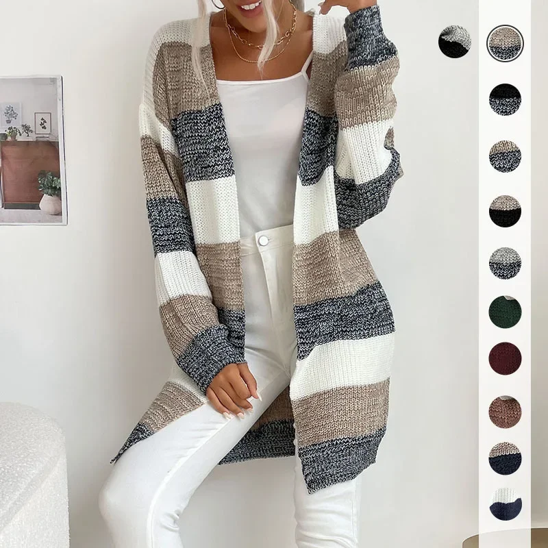 

Autumn and Winter V Neck Color Collision Women's Cardigan Long Buttonless Colorblocking Sweater Coat Clothes Vintage Clothes