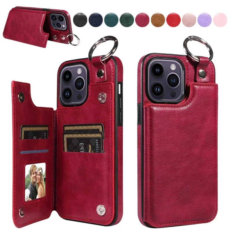 

Wallet Magnetic Anti Drop Lifting Ring Leather Cover For iPhone 15 Pro Max 14 Plus 13 Pro 12 11 SE 2020 2022 X XS XR XS Max 8 7