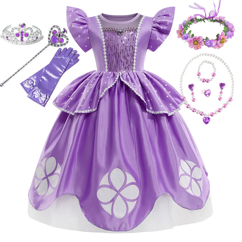 Disney Sofia Princess Role Playing Ball Gown Costume Girl Carnival Purim Cosplay Sophia the First Kid Festival Party Dress 2-10Y