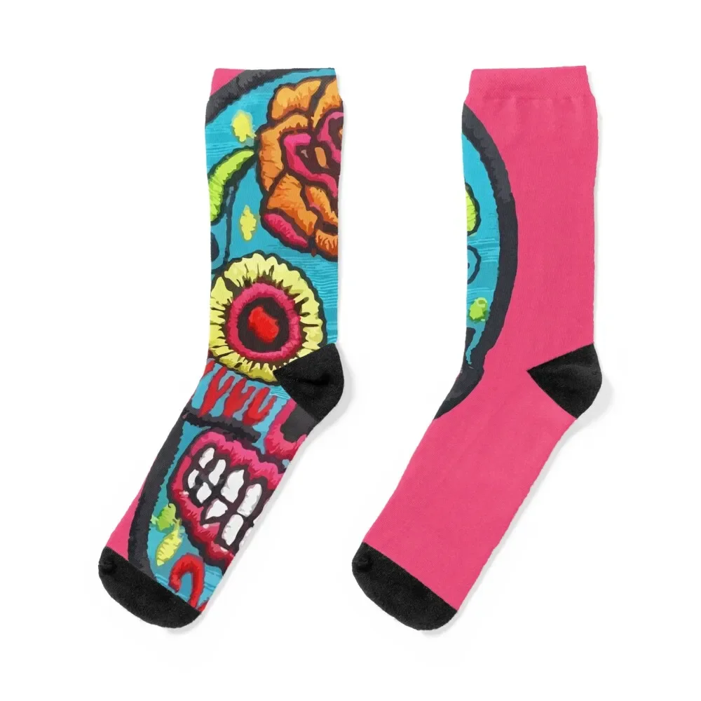

Sugar SKULL Blue mexican embroidery day of the dead flowers colorful calaverita Socks colored summer kids Woman Socks Men's