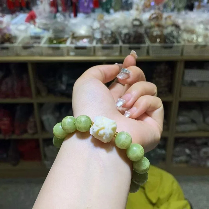 Gray Jade Bodhi Six Words Mantra Xingshi Bracelet, Bead Diameter about 12mm