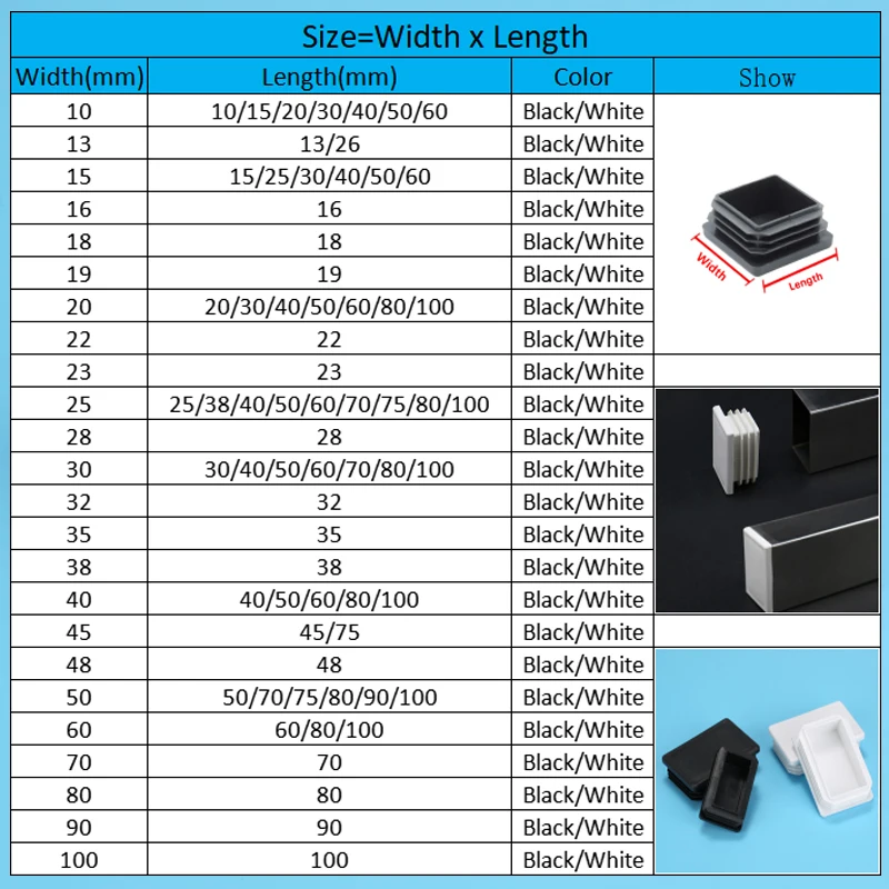 15x15mm~100x100mm White Plastic Square/ Rectangle Tube Inner Plug Blanking End Cap Anti-slip Table Chair Foot Cover