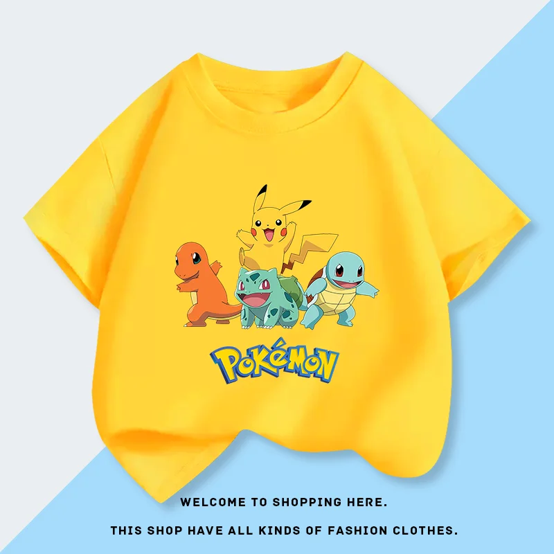 Pikachu, petit dragon de feu, Bulbasaur, tortue génie, t-shirt en pur coton pour garçons et filles, haut chic et élégant à manches courtes