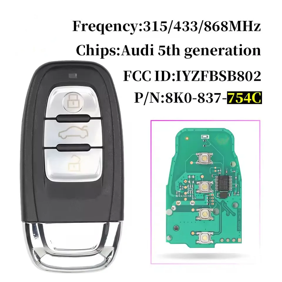 Xuri For Audi Q5 A4L A5 A6 A7 A8 RS4 RS5 S4 S5 Smart Remote Key Semi Keyless 3/4BTN 315MHz/433MHZ/868MHZ FCC：8T0959754C