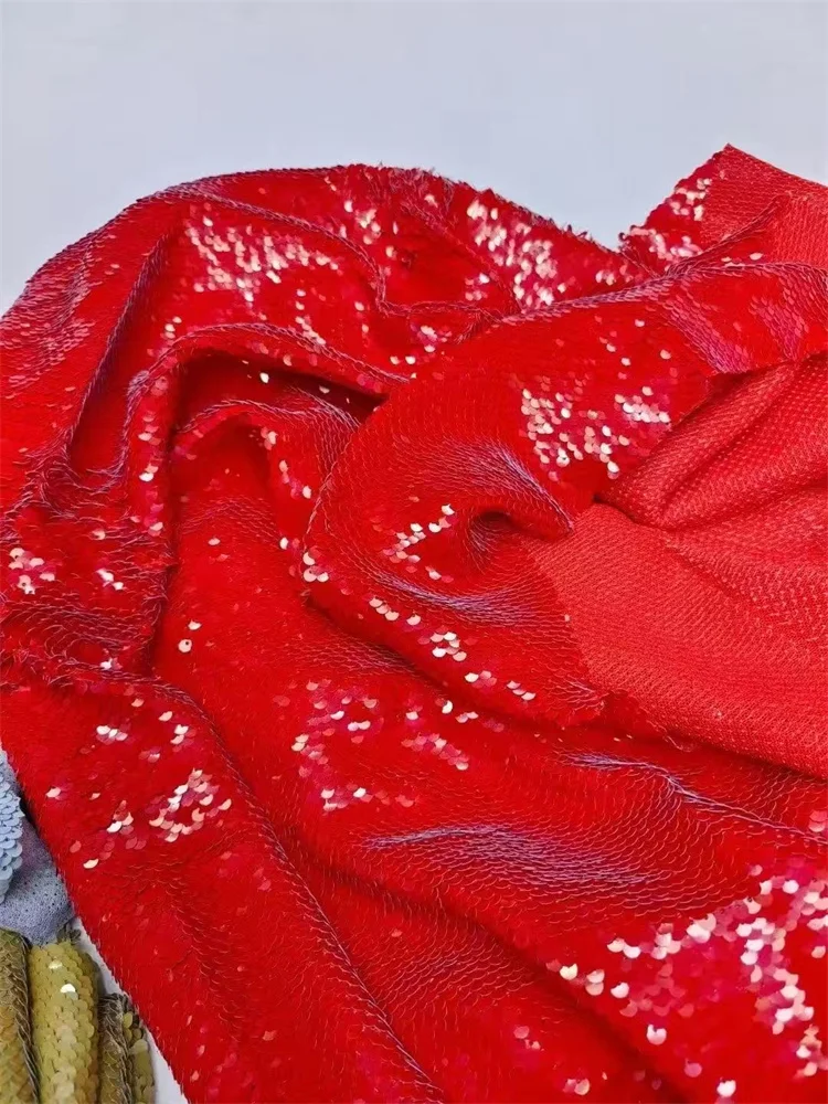 

2025New Red Fishscale Sequins Fabric Luxury Designer Mesh High Quality Fabric 5 Yards Cloth For Diy Apparel Sewing Material