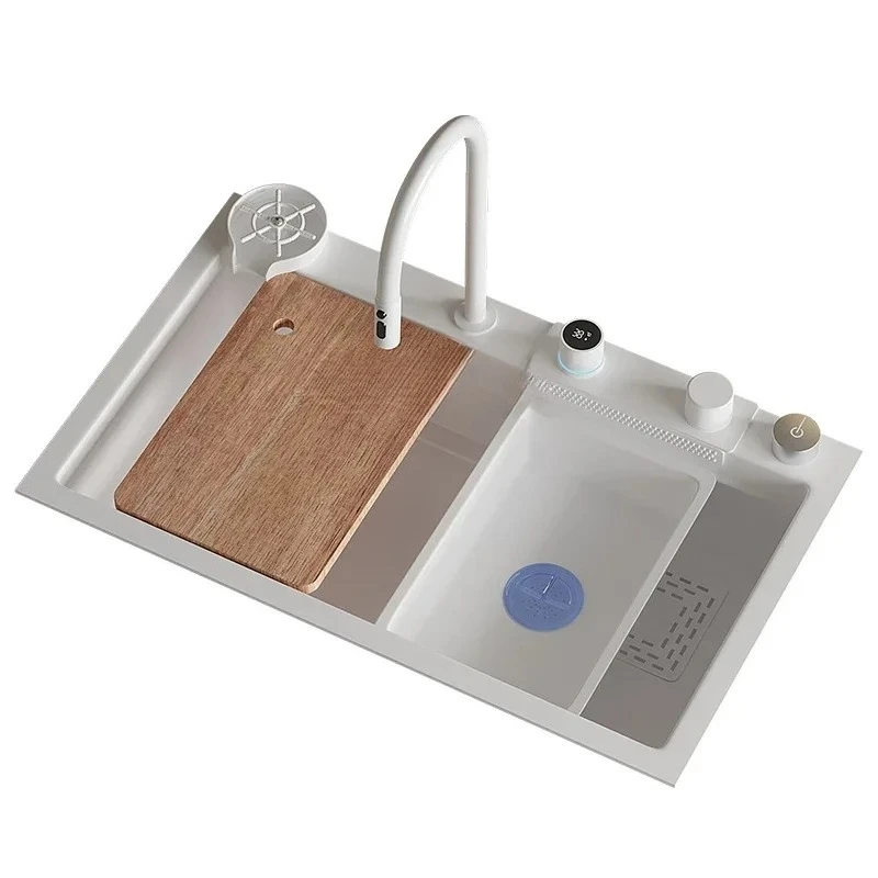 

Waterfall Sink Digital Display White 304 Stainless Steel Large Single Sink Kitchen Vegetable Basin Domestic Sink Drop-in Si