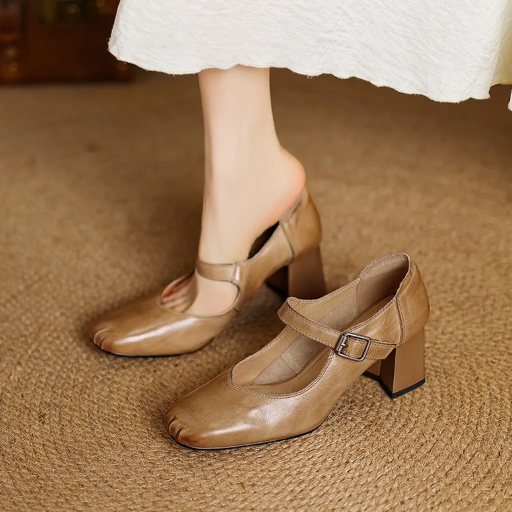 2026 Retro Mary Jane Shoes Genuine Leather Chunky Heel Square Toe Single Buckle Strap Soft Comfort All-Season Daily Flats
