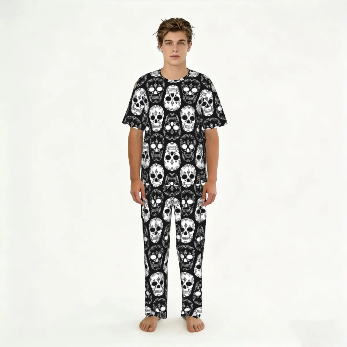 

Men Pajamas Suit Short Sleeved Long Pants Day Of The Dead Skulls Sleepwear Summer Home Clothing Set