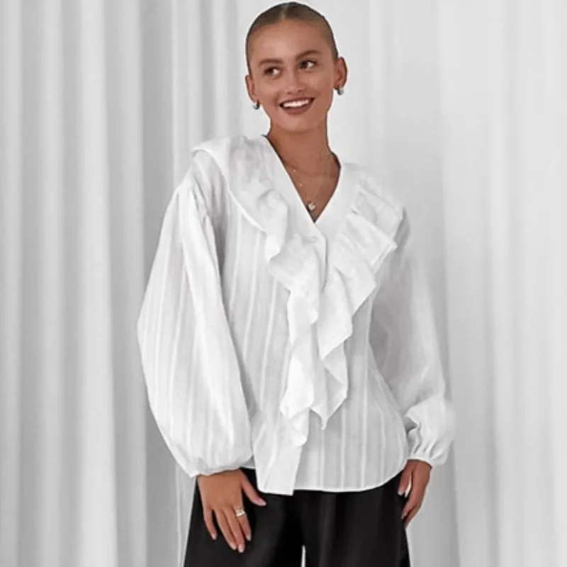 

French Convex Jacquard Ruffled Long - Sleeve Women's Blouse, A New Fashionable Top for Autumn and Winter 2025