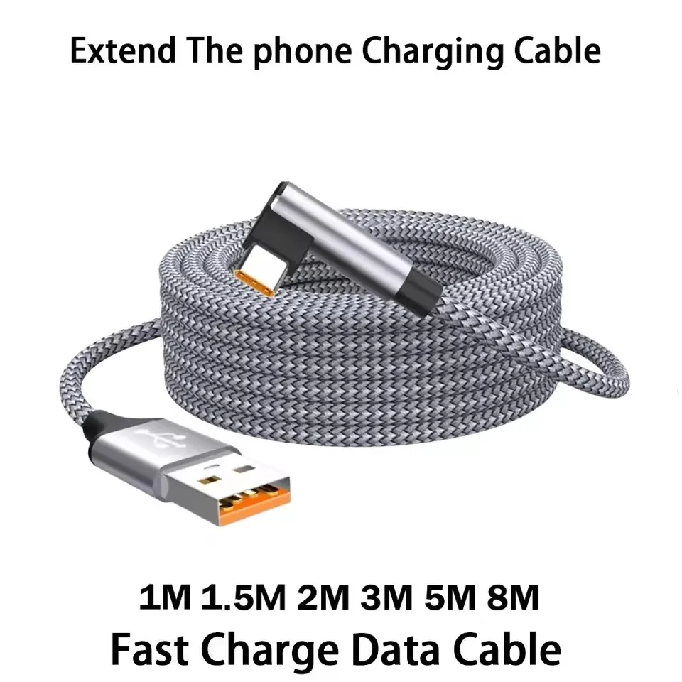 6A USB C Elbow Type C Fast Charge Cable 1m 8m For Phone Extend Charging Cable for Samsung Huawei Xiaomi Oppo OnePlus VR Camera
