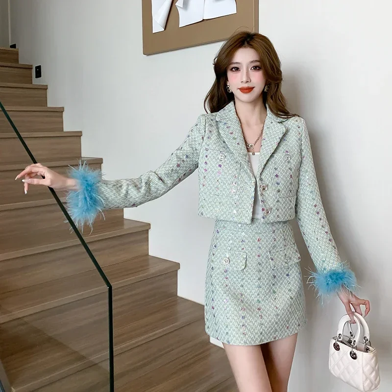 French High Quality Light Luxury Small Fragrance Women Suit Green Feather Sweet Coat + Short Skirt Tweed Two-piece Lady Set