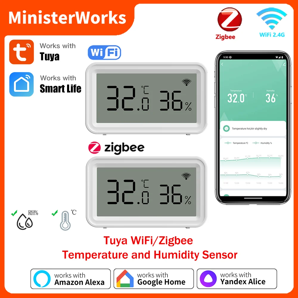 Sensor de temperatura y humedad Tuya WiFi o Zigbee, aplicación de automatización de monitoreo remoto en tiempo Real de Smart Life a través del asistente de Google Alexa