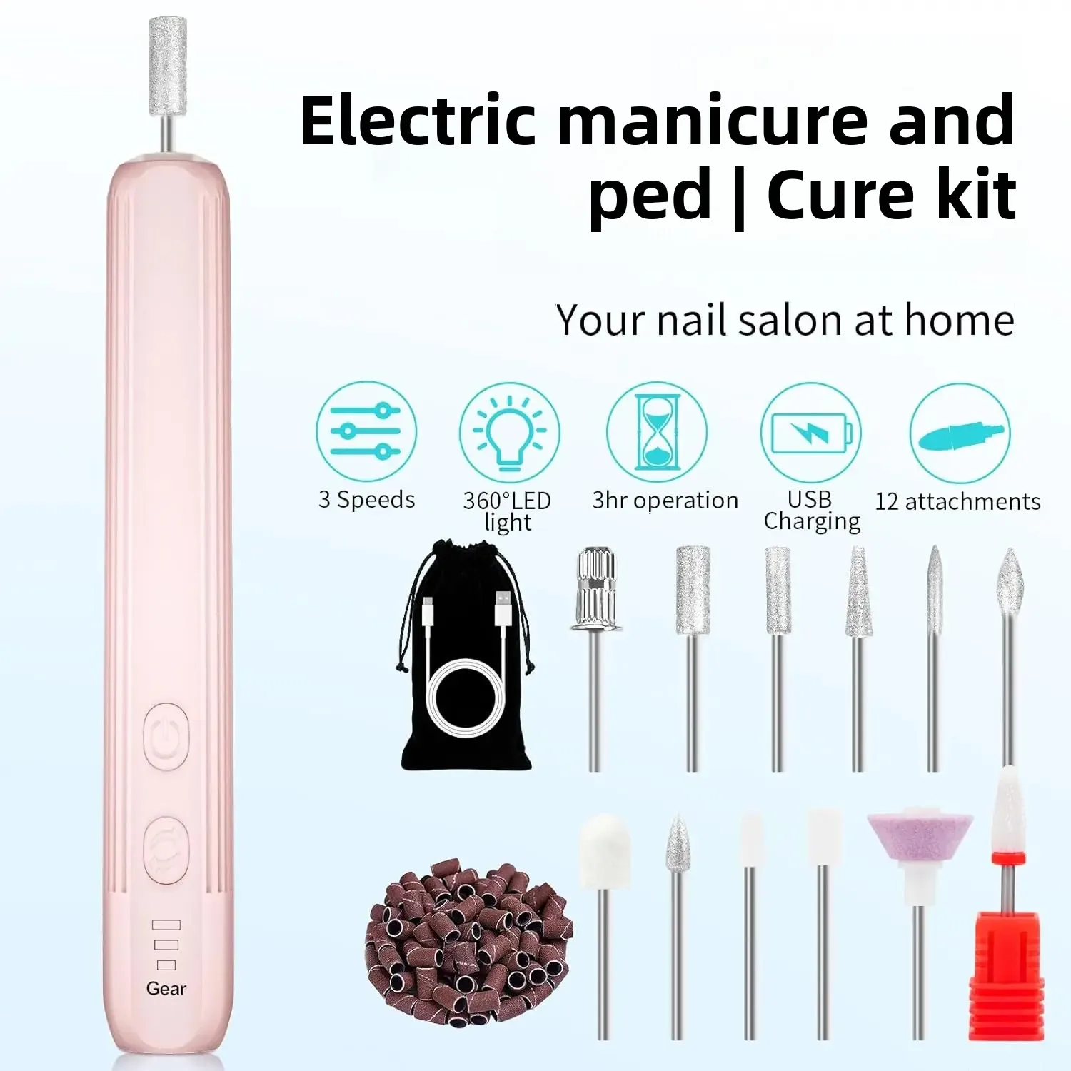 초보자를 위한 전기 네일 드릴 기계, 가정용 충전식 가변 속도 네일 그라인더 및 네일 드릴 비트