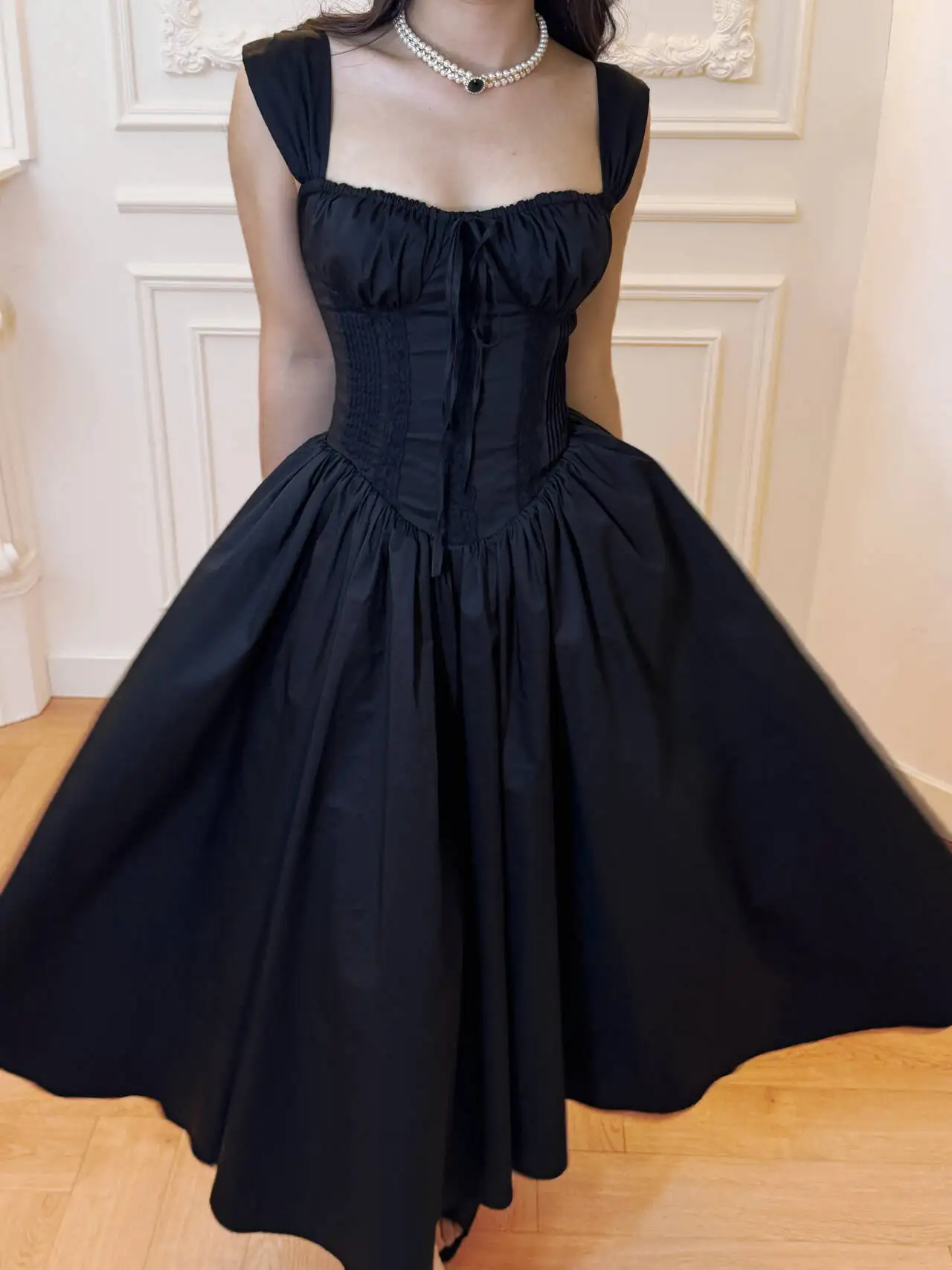 Ladies' Sexy And Pure Desire Suspender Fishbone Dress, High-End Waist Cinching a-Line Dress For Slimming, Big Swing Long Dress