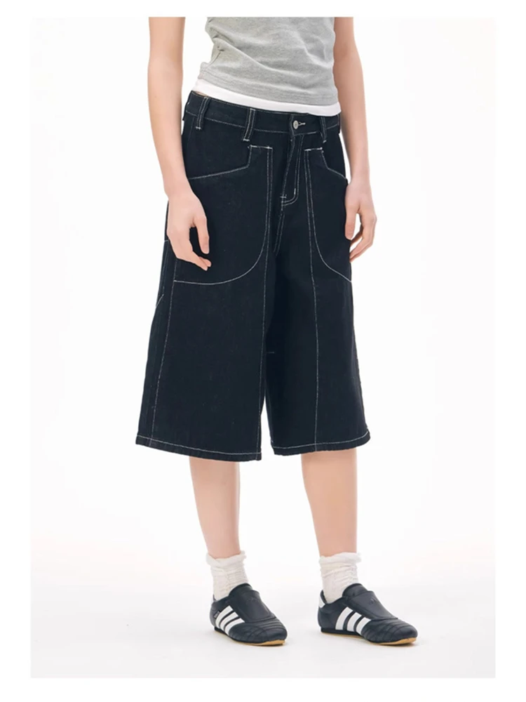 Women's Bright Line Decoration Wide Leg Calf-length Trousers Young Girl Shorts Summer Pants Female High Waist Capris Sweatpants