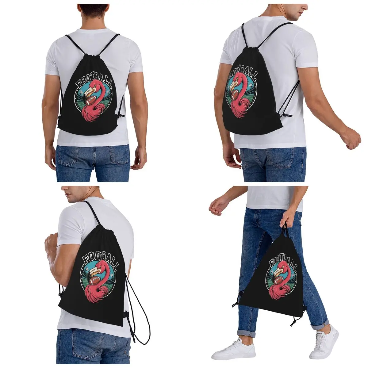 Football Pink Flamingo Playing Backpacks Casual Drawstring Bundle Pocket Sports Bag Book Bags for Travel Students