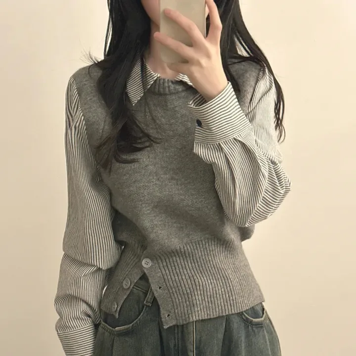 قميص نسائي محبوك بتصميم خريفي أنيق، بأكمام طويلة وتصميم مخطط، قطعة علوية قصيرة متعددة الاستخدامات على الطراز الكوري، تصميم كا...