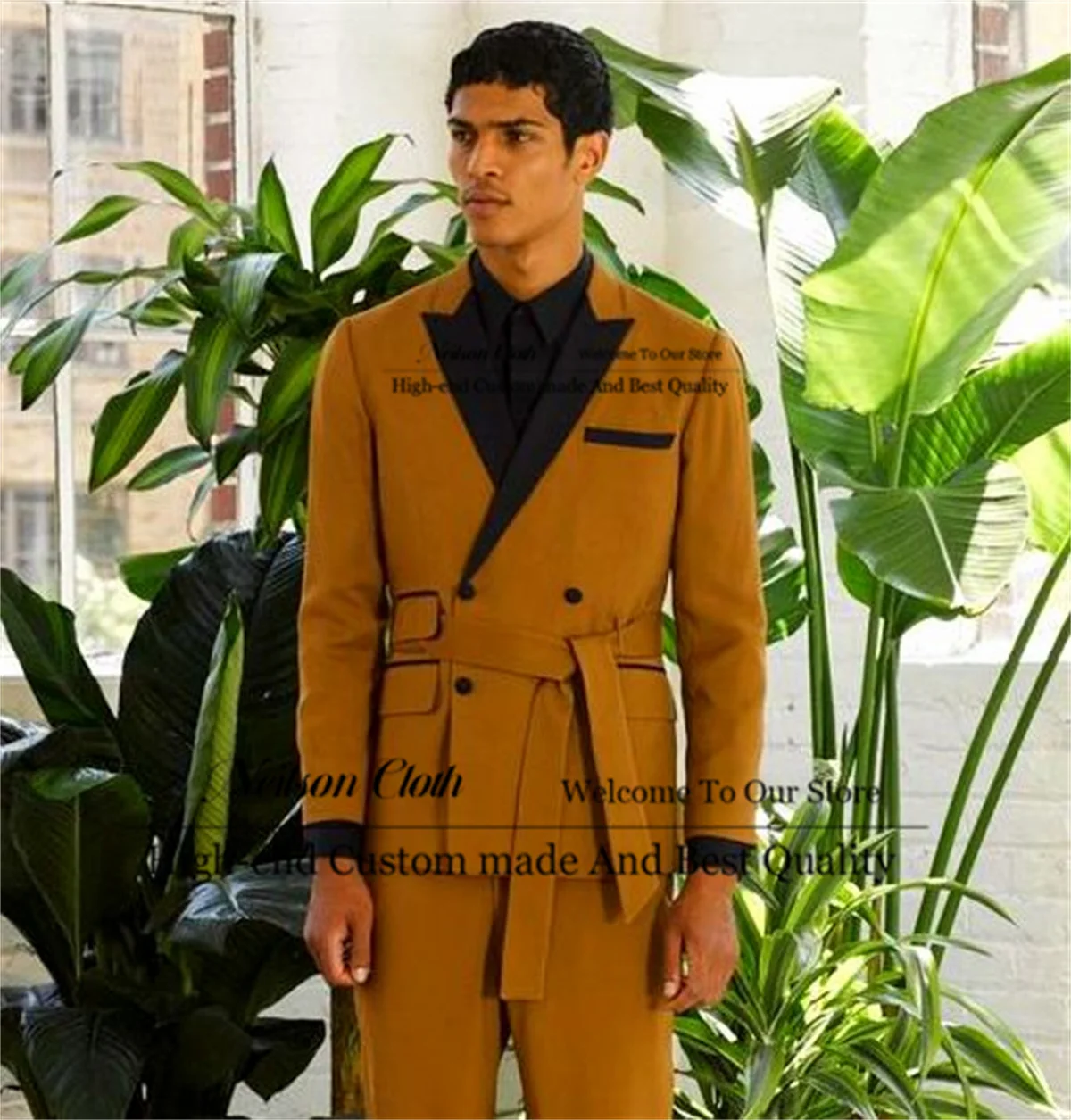 

Fashion Double Breasted Male Prom Blazers 2 Pieces Sets With Belt Groom Wedding Tuxedos Customized Peaked Lapel Costume Homme