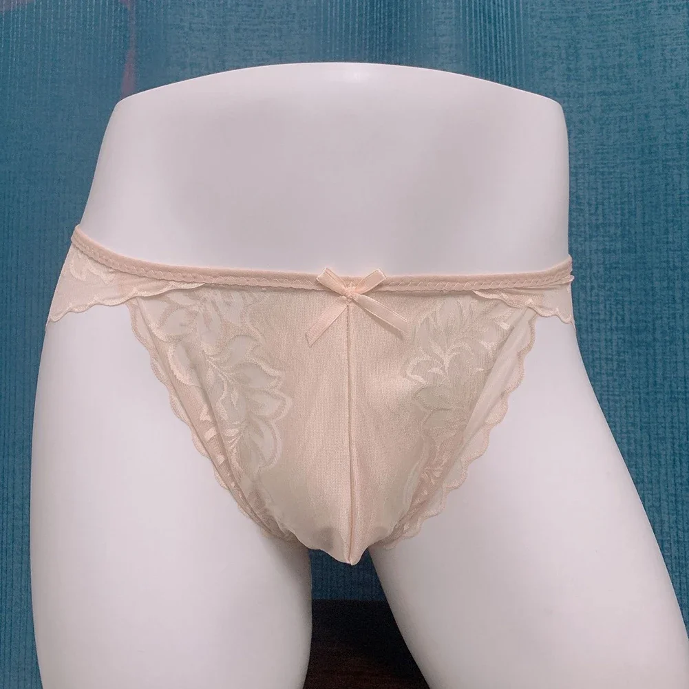 

Mens Sexy Lace Mid-Waist Briefs Breathable Underwear Mesh Hollow Floral Transparent Underpants Sissy U Convex Pouch Lingerie
