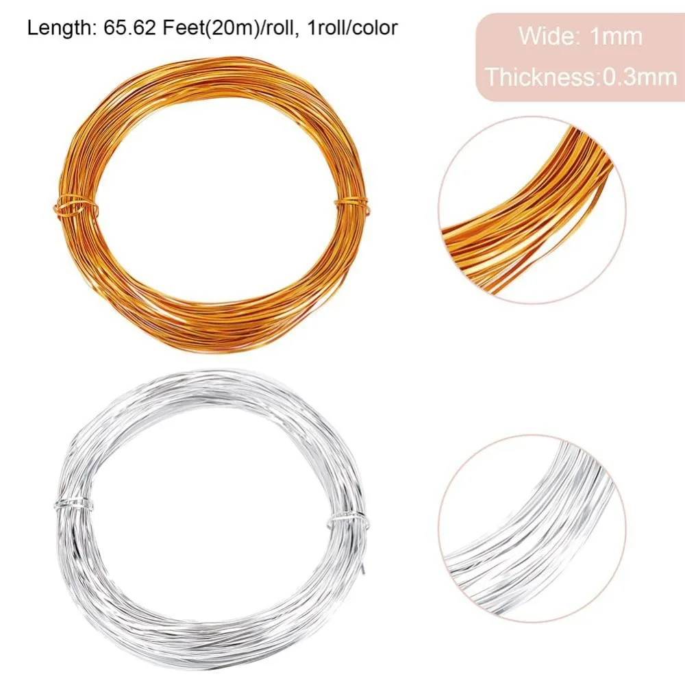 2Rolls Flat Aluminium Wire 40mm 18ft/1m Gold Silver Cloisonné Enamel Wire 0.4mm Thickness for DIY Jewellery Making (65.6ft/Roll)