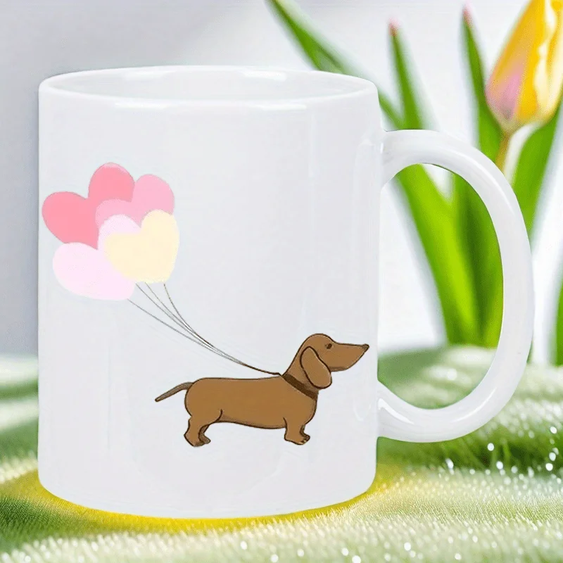 

11oz Ceramic Coffee Mug with Cute Dachshund & Heart Balloons Design - Insulated Reusable Travel Mug for Hot/