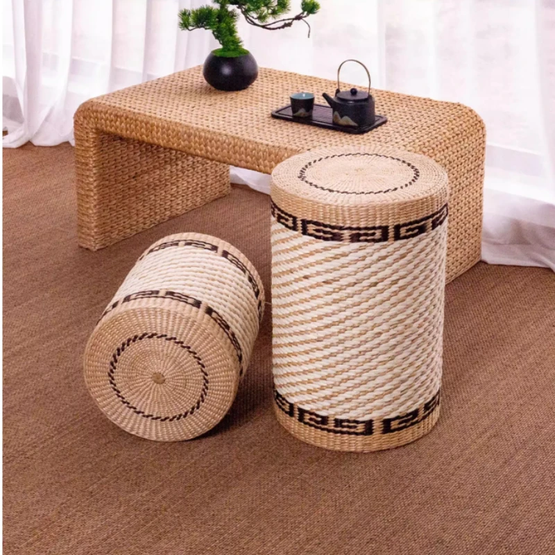 Woven Straw Tea Table Stool Round Floor Seat for Living Room Entryway Drum Stool Ottoman Natural Fiber Changing Shoe Stools