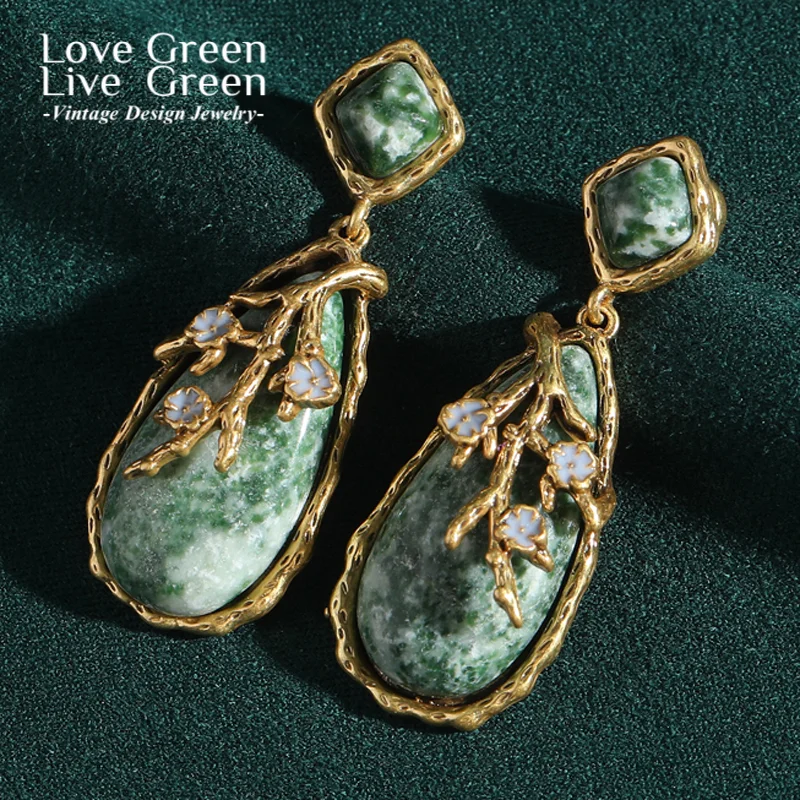 

Vintage Green Natural Stone Drop Earring Water Droplet Branch Luxury Jewelry Designer Making Supplies Fashion For Women Wedding