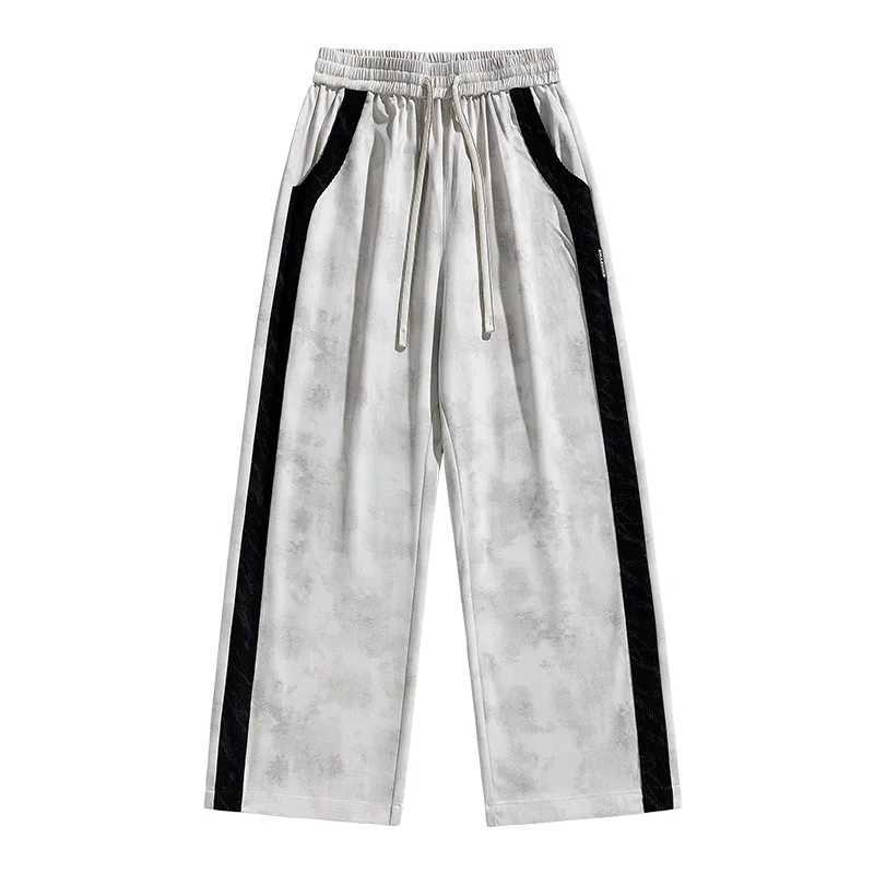 2025 New Spring Men's Sweatpants Wide Leg Straight Loose Pants Korean Fashion Patchwork Knit Long Track Trousers Plus Size 8XL