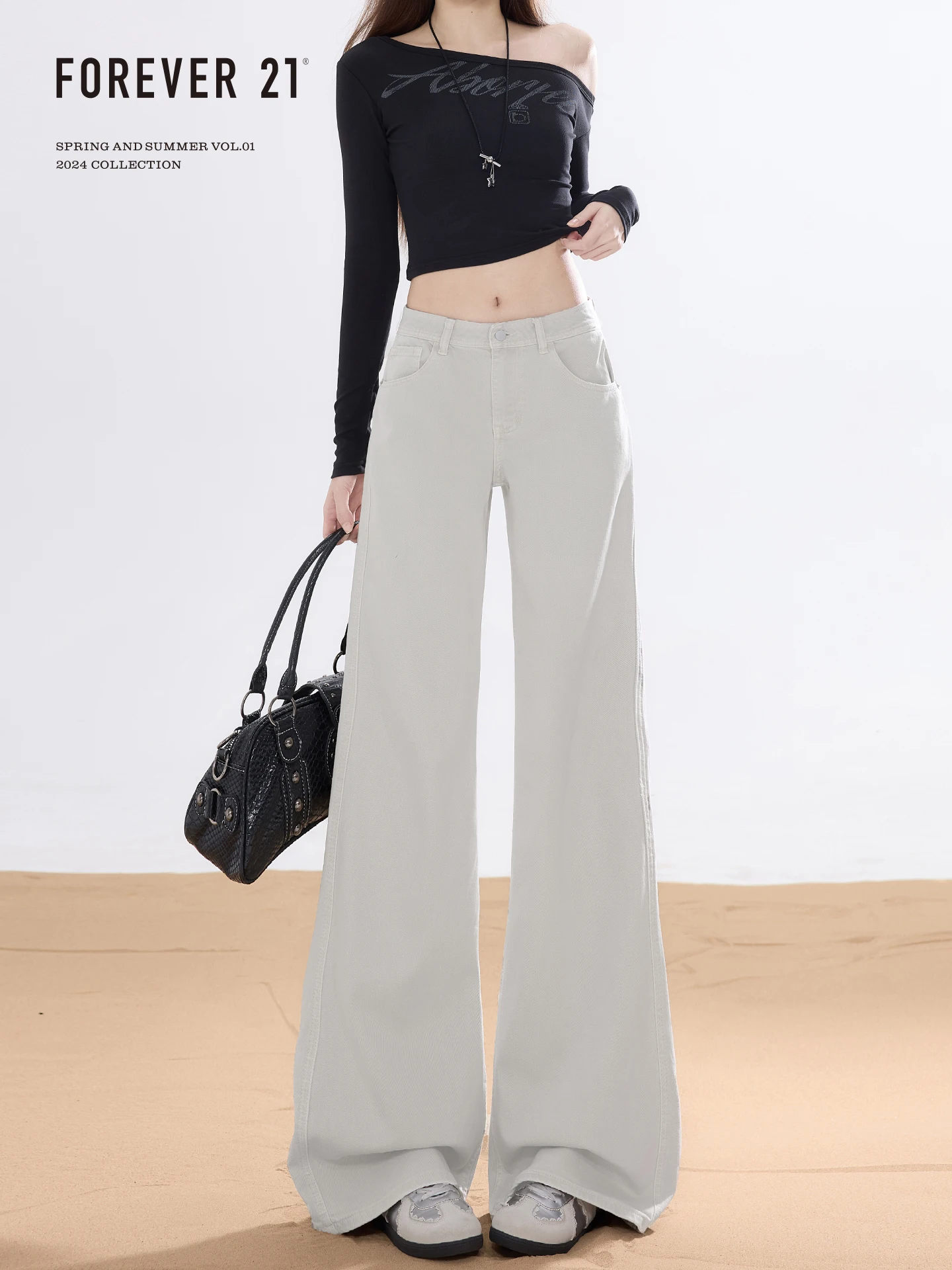 Forever 21 American Style Low Waist Bell Bottom Jeans Women's Retro Non-Matching Slimming  Hoof Long Pants Grey