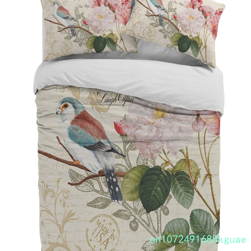 Vintage Letter Bird Rose Flower Retro Duvet Cover With Pillow Case Custom 3pcs Bedding Set Quilt Cover Double Bed Home Textile