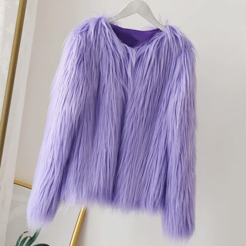 Women Autumn Winter Imitation Fox Fur Purple Furry Coat Warm Faux Mink Fur Bomber Jacket Hairy Cardigan Flocking Outwear Tops