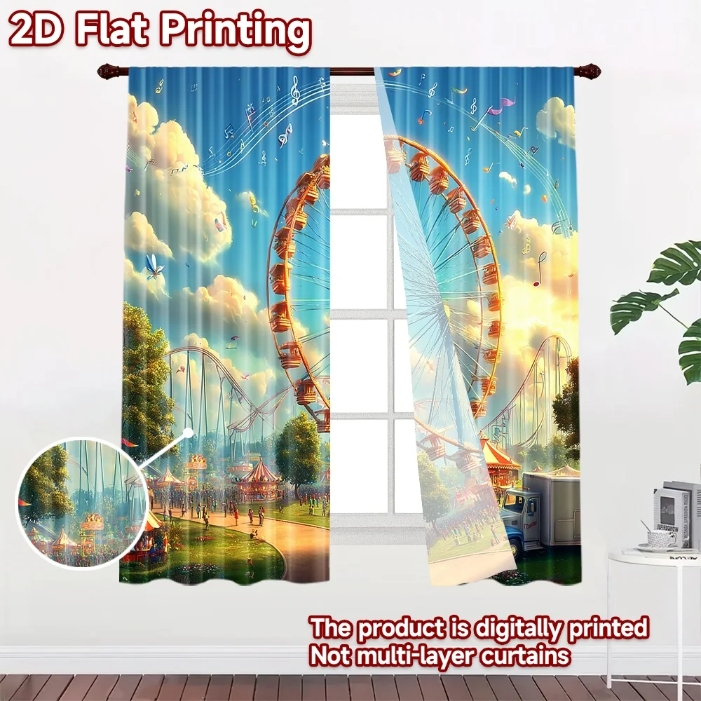 2D flat printing 2pcs Curtains Bright Music Carnival Ferris Wheel Digital Printed Polyester Drapes Family Party Use for New Year