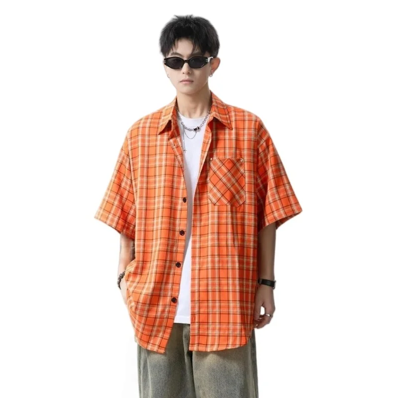 Summer Men's American Retro Orange Checkered Short Sleeve Shirt High Street Fashion Loose Casual Half Sleeve Sunscreen Shirt