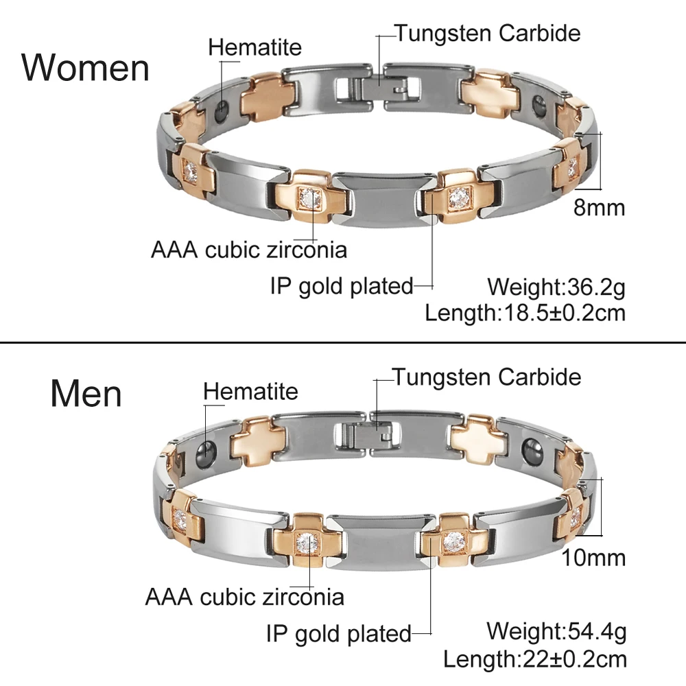 Vinterly Anti-scratch Tungsten Carbide Bracelet Men Gold-color Energy Magnetic Hematite Benefits 22CM Couple Jewelry Waterproof