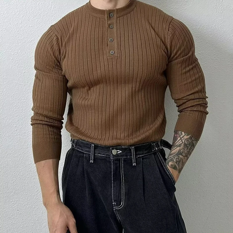 

Уличная модная мужская вязаная футболка, винтажные однотонные вязаные футболки с круглым вырезом на пуговицах для мужчин, весенние модные тонкие джемперы