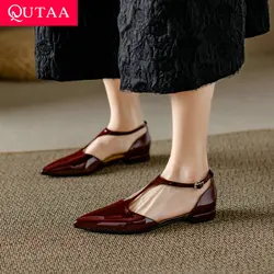 QUTAA 2023 T-Strap Women Pumps Spring Summer Pointed Toe Genuine Leather Thick Low Heels Casual Working Shoes Woman Size 34-39