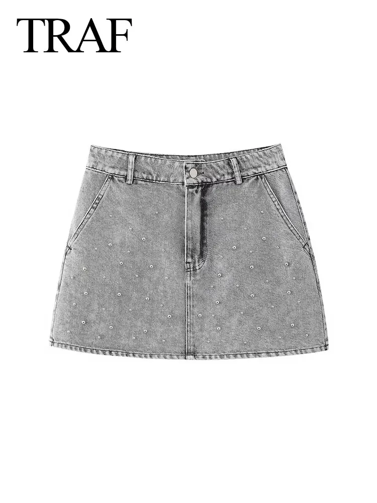 

TRAF 2024 Summer New Women's Denim Skirt Artificial Pearl Slim Zipper Fly A-line Mini Skirts Unique Pocket Wild Woman Skirt Y2K