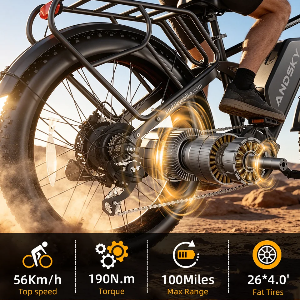 ANDSKY Apex50 AWD Electric Bike 3000W Dual Motor 35MPH 100Miles Long Range 48V/52V 25Ah Removable Battery City Off-Road Electric Bicycle for Adults Full Suspension 26*4 Inch All Terrain Fat Tire E-bike image 14
