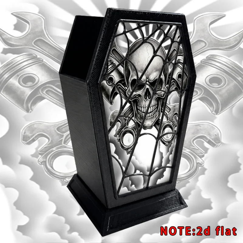 Gothic Skull Coffin Shape Pen Holder 2D Flat Desk Organizer Spider Web Pattern Piston Wrench Print Pen Cup Office Desktop Storag