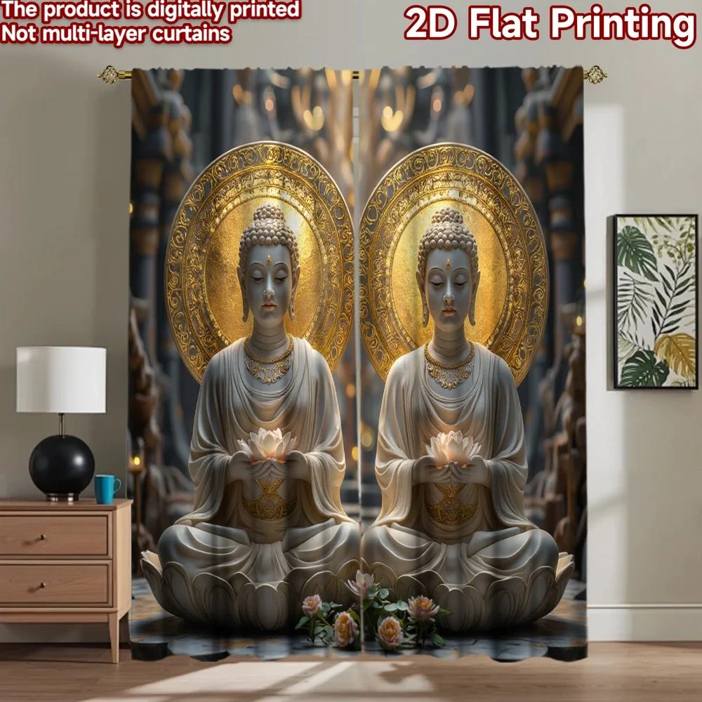 2D flat 2pcs Curtain French Romantic Style Twin Buddha Lotus Statues Durable polyester fiber Birthday Party for Drapes for