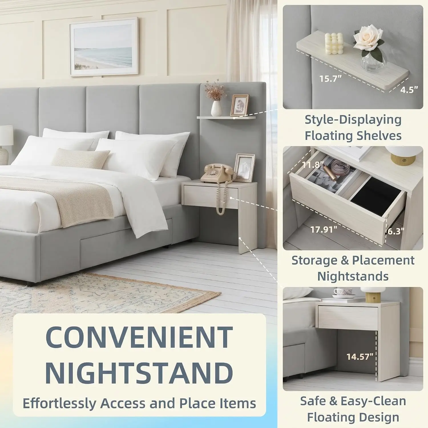 King Size Bed Frame with Storage & Built-in Nightstands & Drawers, Gray | Velvet Upholstered Platform Bed Frame & 6 Floating Sto - view 4