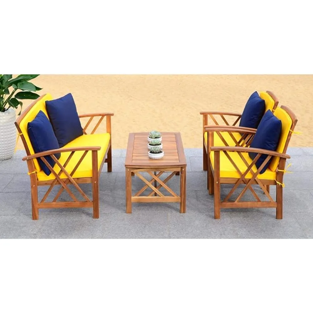 Outdoor Collection Fontana Natural/ Yellow Cushions/ Navy Pillows 4-Piece Conversation Patio Set