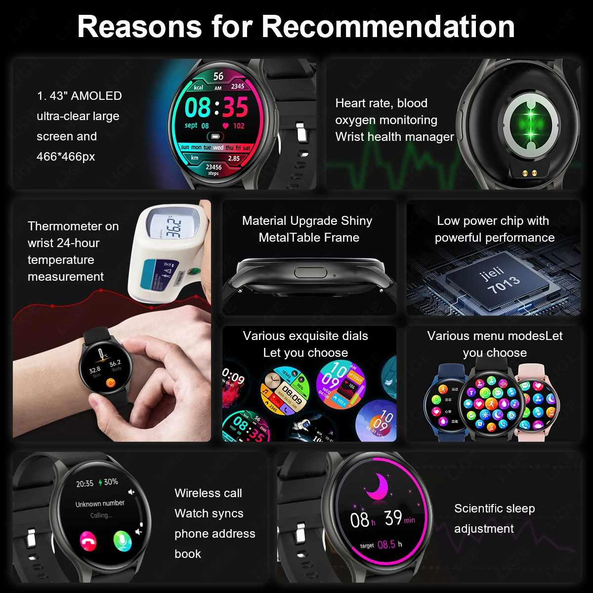 LIGE Smart Orologi Donna Uomo Bluetooth Connesso Telefono Musica Fitness Bracciale sportivo Monitoraggio del sonno Smartwatch per Android IOS