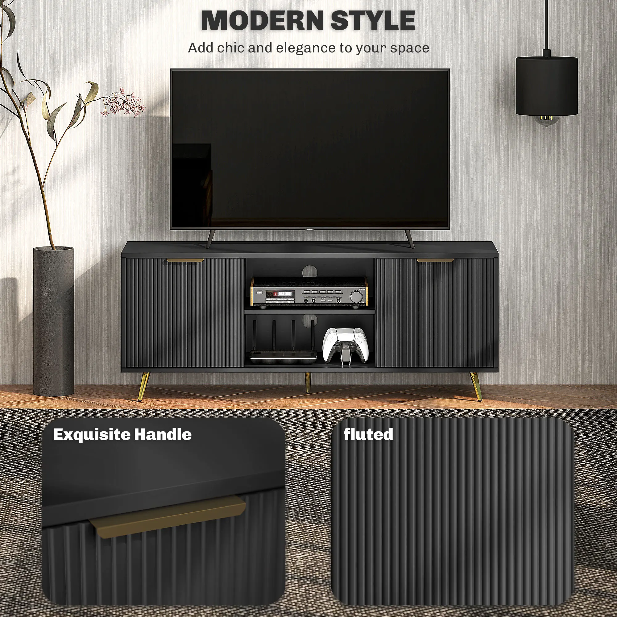 HOMCOM Modern TV Stand Cabinet with Storage for Living Room, Black