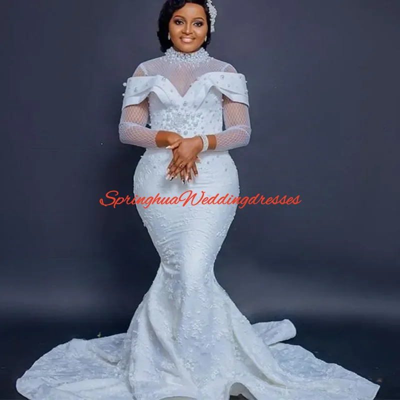 

Customized Beauty Heavy Pearls High Neck African Wedding Dress Sweep Train Long Sleeves Lace Bridal Gowns Vestidos De Novia