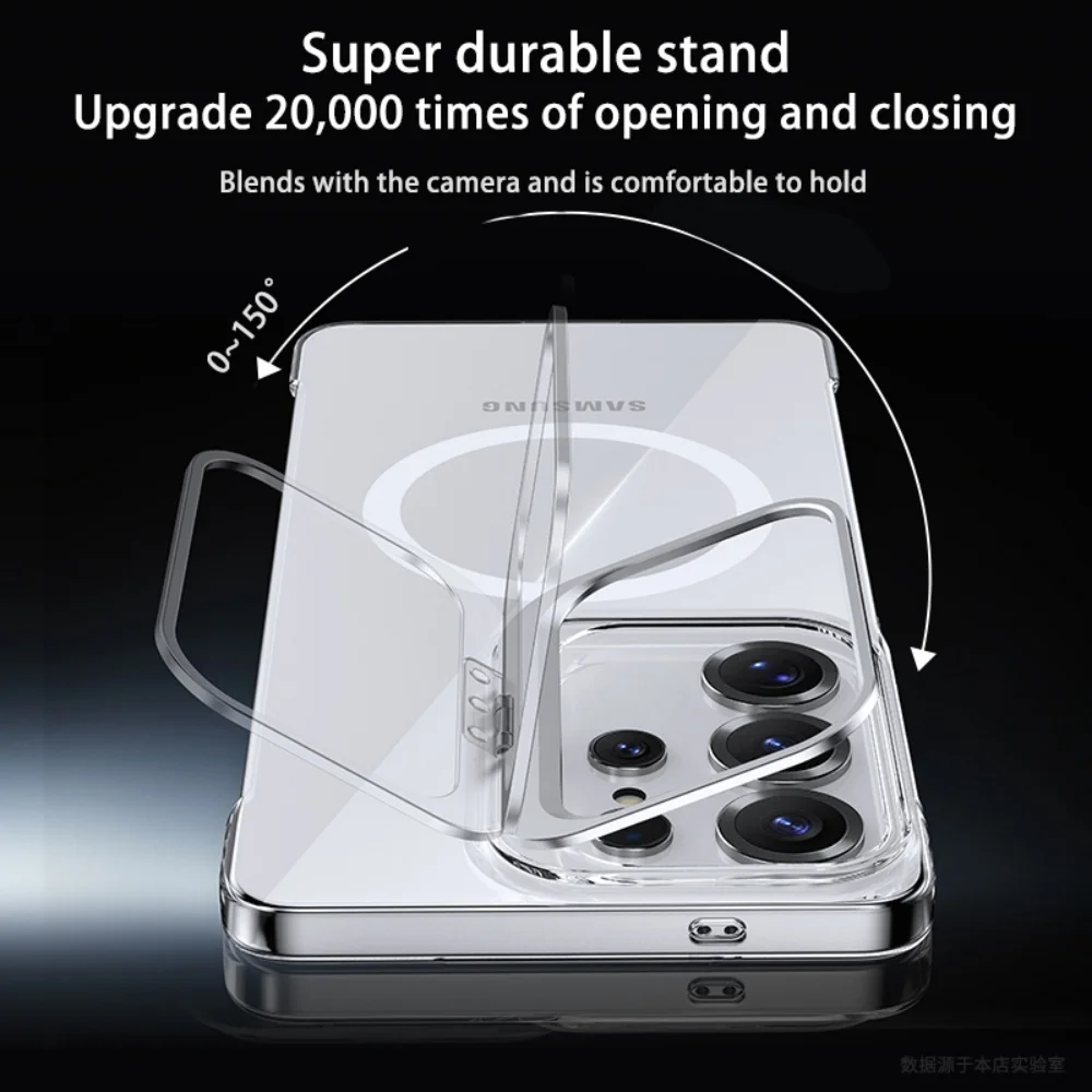 Smukłe, bezramkowe, przezroczyste etui magnetyczne z obsługą MagSafe do Samsunga S26 Ultra, S26+, Galaxy S25 Ultra, S24 FE, składane etui z podstawką na aparat i ochroną tyłu. — zdjęcie produktu 2