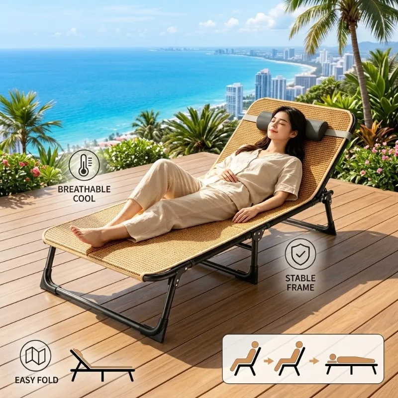 Portable Folding Bed Camping Cot Adjustable Office Nap Lounge Chair No Assembly Sleep Recliner Outdoor Cooling Rattan Guest Beds