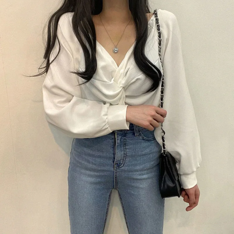 Fashion Korean Chic Spring Autumn V-neck Twisted Solid Color Versatile Lady Top Casual Long Sleeve Loose Women's Clothing 31117