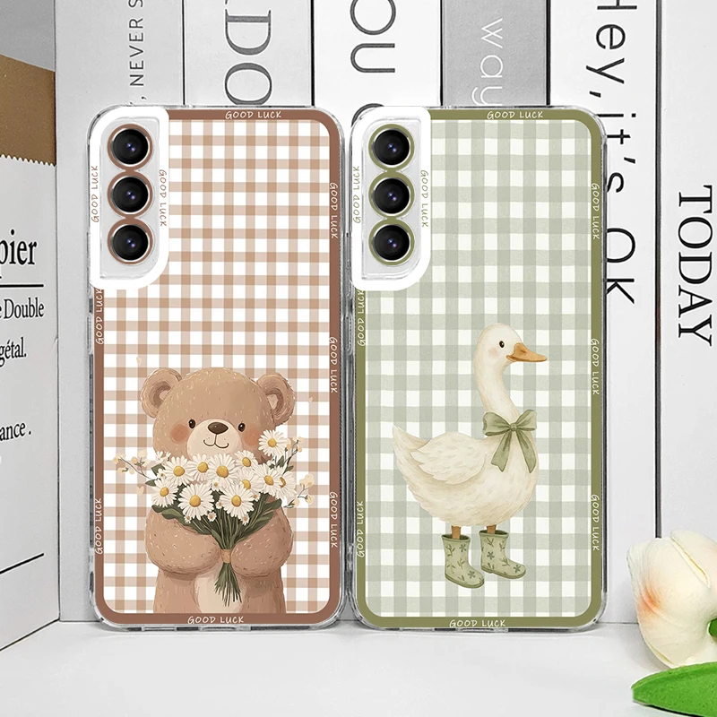 Checkered Grid Cute Animals Clear Phone Case for Samsung Galaxy A14 A56 A57 A37 A16 A55 A54 A36 A53 A13 A15 A25 A52 Soft Covers